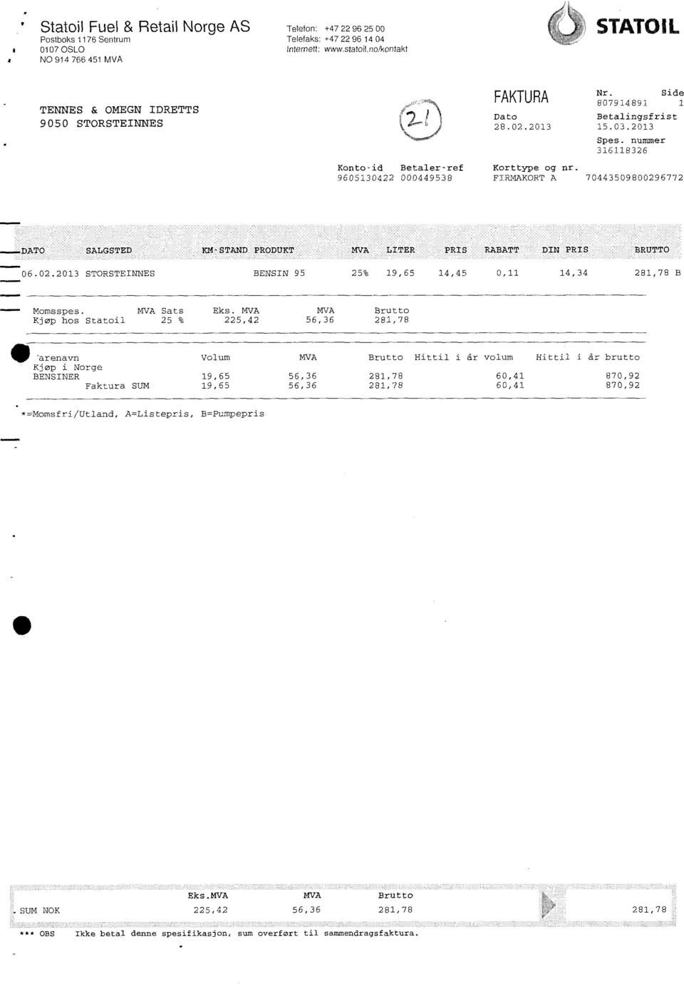 9605130422 000449538 FIRMAKORT A 70443509800296772.SALGSTED KM7STAND PRODUKT'. MVA LITER. PRIS. RABATT DIN PRIS..BRUTTO 06.02.2013 STORSTEINNES BENSIN 95 25% 19,65 14,45 0,11 14,34 281,78 B Momsspes.