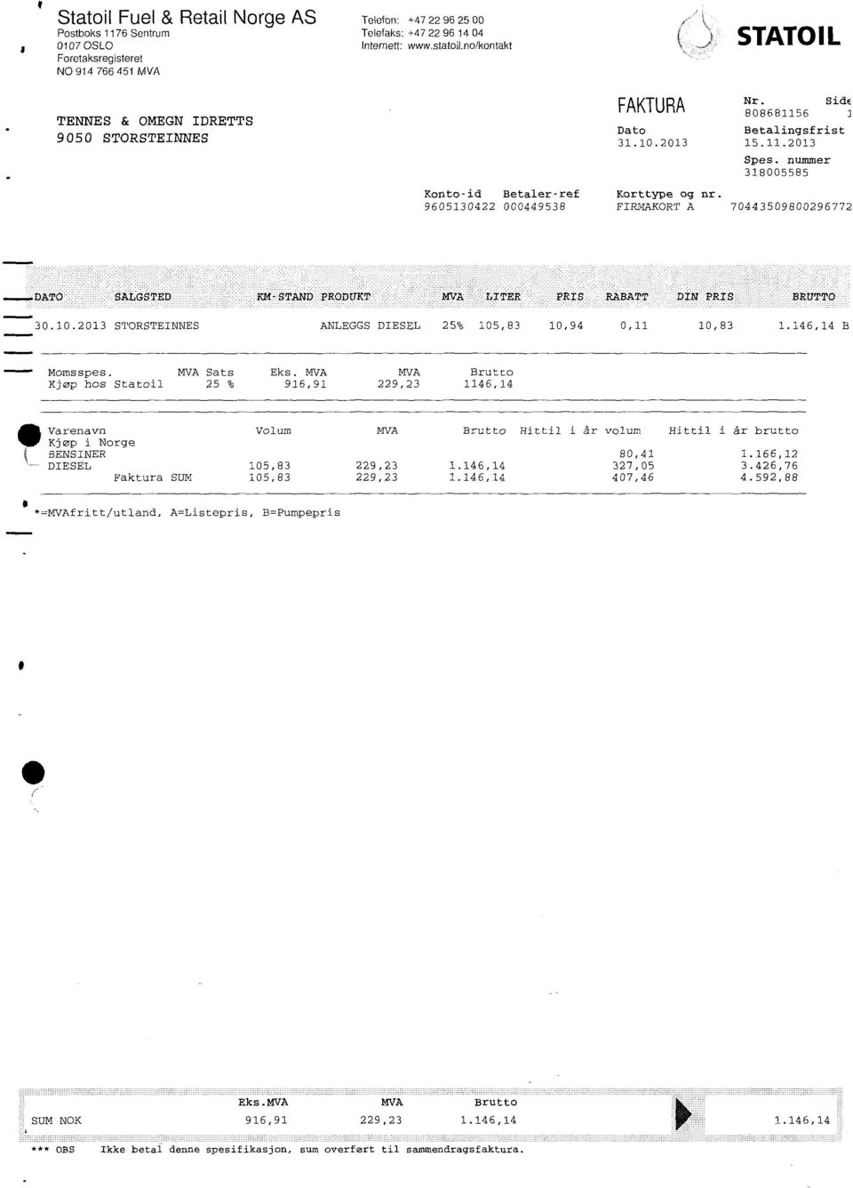 9605130422 000449538 FIRMAKORT A70443509800296772 -DATO SALGSTED KM-STAND PRODUKT MVA LITER PRIs RABATT DIN PRIS BRUTTO 30.10.2013 STORSTEINNES ANLEGGS DIESEL25% 105,8310,940,11 10,831.