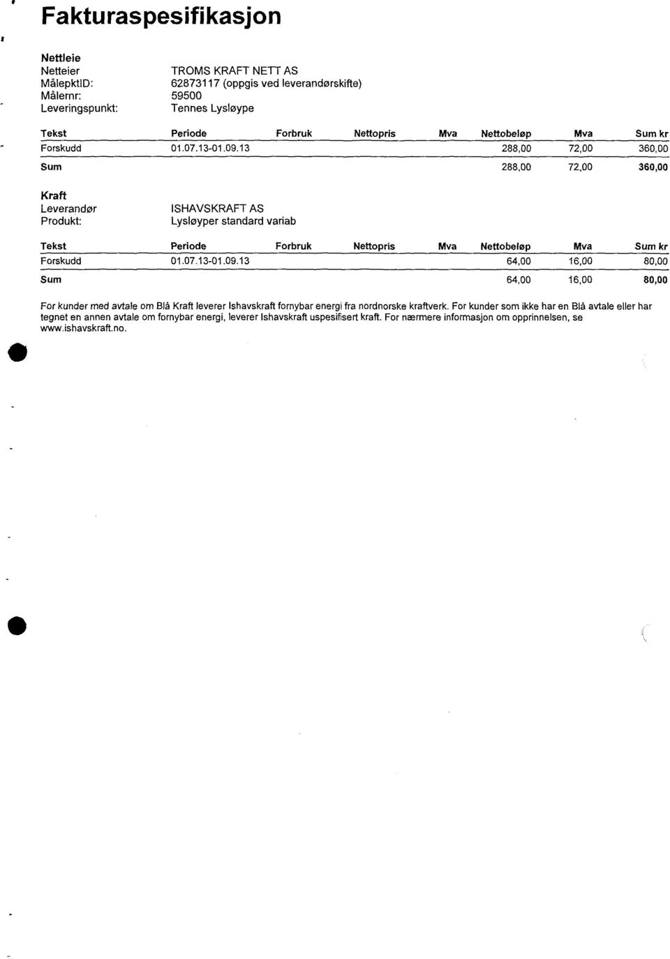 13 288,00 72,00 360,00 Sum 288,00 72,00 360,00 Kraft Leverandør ISHAVSKRAFT AS Produkt: Lysløyper standard variab Tekst Periode Forbruk Nettopris Mva 13 64,00 16,00 80,00 Sum 64,00 16,00