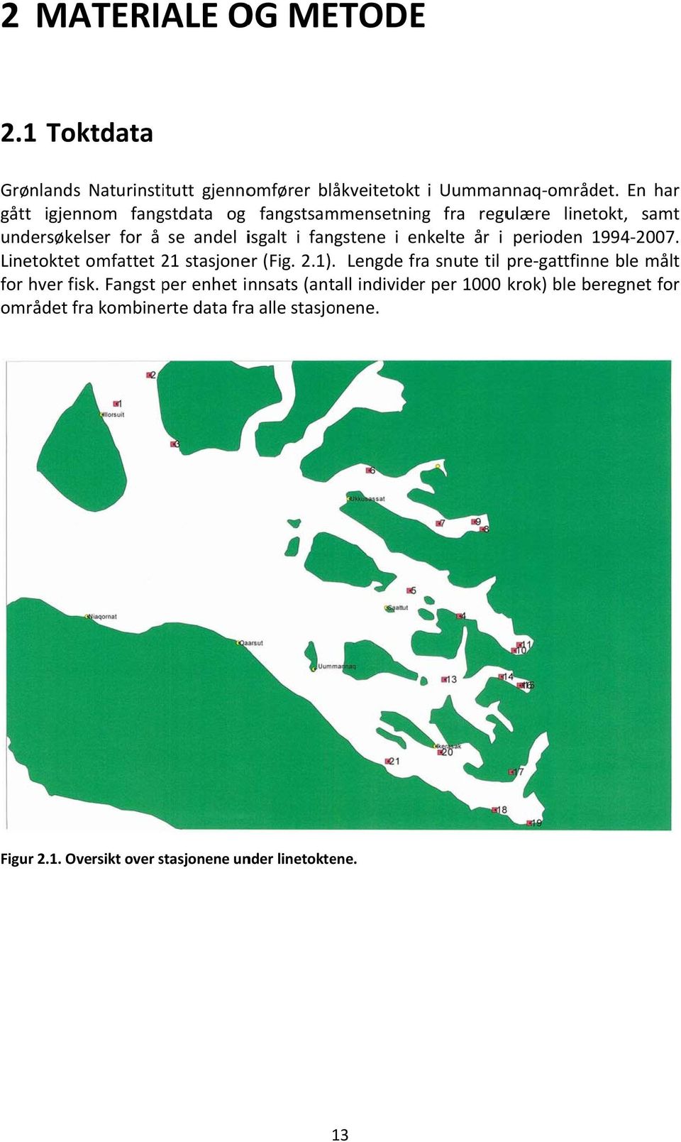 år i perioden 1994 2007. Linetoktett omfattet 21 stasjoner (Fig. 2.1).. Lengde fra snute til pre gattfinne ble målt for hver fisk.