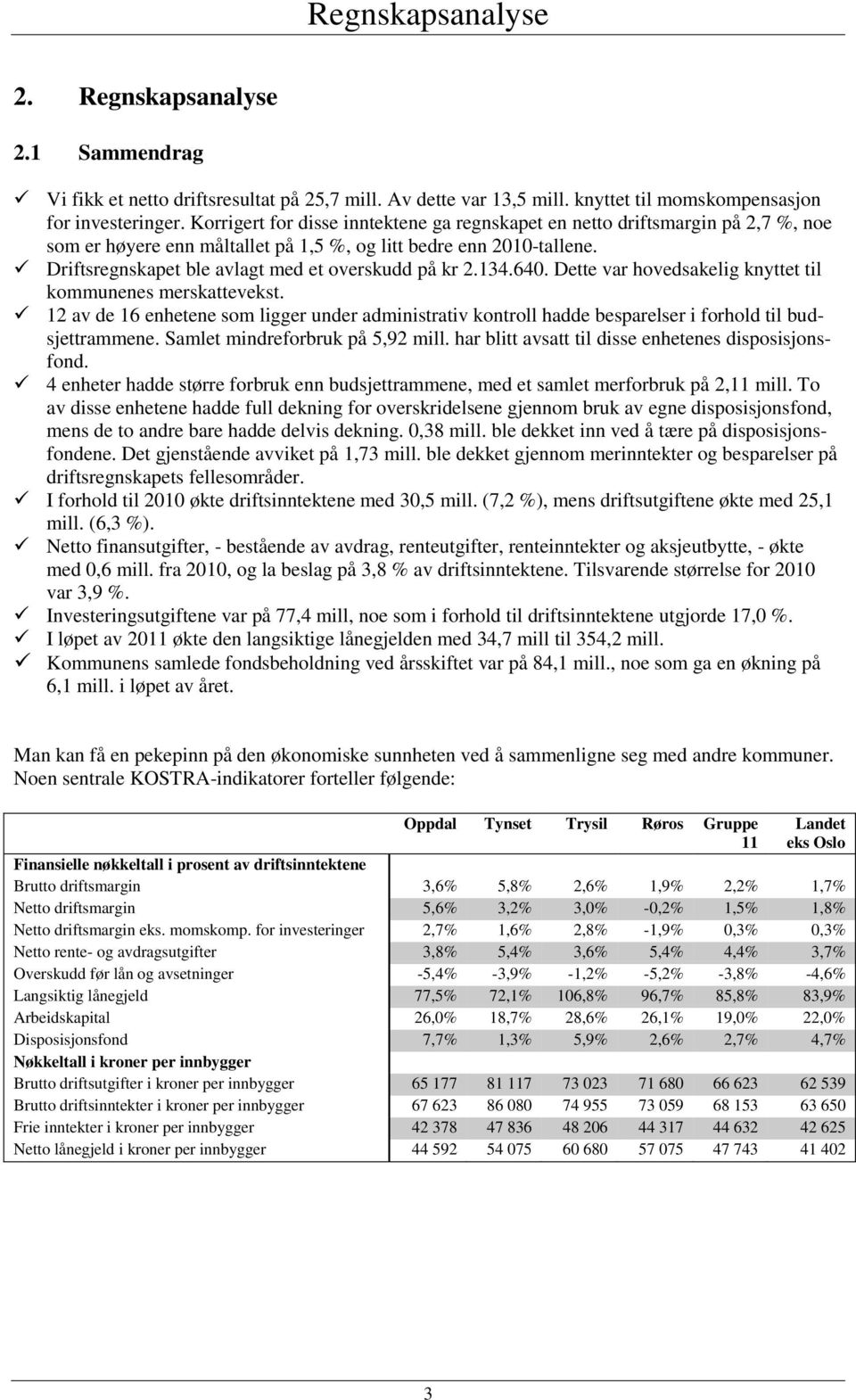 Driftsregnskapet ble avlagt med et overskudd på kr 2.134.640. Dette var hovedsakelig knyttet til kommunenes merskattevekst.