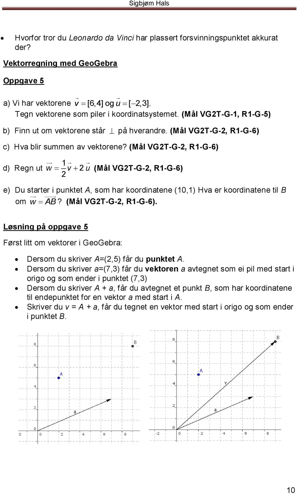 (Mål VG2T-G-2, R1-G-6) d) Regn ut 1 w v 2 u (Mål VG2T-G-2, R1-G-6) 2 e) Du starter i punktet A, som har koordinatene (10,1) Hva er koordinatene til B om w AB? (Mål VG2T-G-2, R1-G-6). Løsning på oppgave 5 Først litt om vektorer i GeoGebra: Dersom du skriver A=(2,5) får du punktet A.