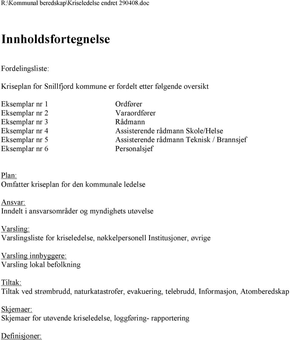 Ansvar: Inndelt i ansvarsområder og myndighets utøvelse Varsling: Varslingsliste for kriseledelse, nøkkelpersonell Institusjoner, øvrige Varsling innbyggere: Varsling lokal