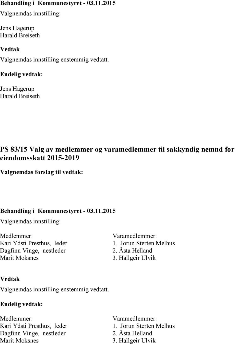 Moksnes Varamedlemmer: 1. Jorun Sterten Melhus 2. Åsta Helland 3.