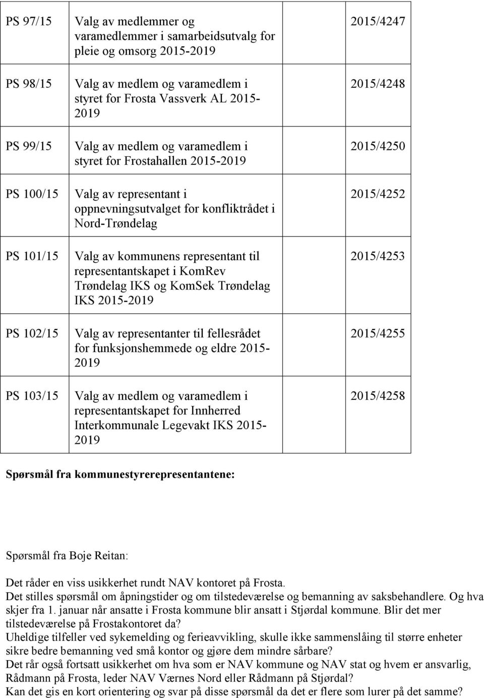 representantskapet i KomRev Trøndelag IKS og KomSek Trøndelag IKS 2015-2019 Valg av representanter til fellesrådet for funksjonshemmede og eldre 2015-2019 Valg av medlem og varamedlem i