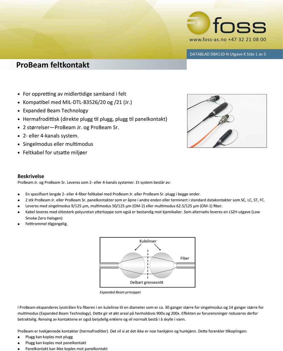 Singelmodus eller multimodus Feltkabel for utsatte miljøer Beskrivelse ProBeam Jr. og ProBeam Sr. Leveres som 2- eller 4-kanals systemer.