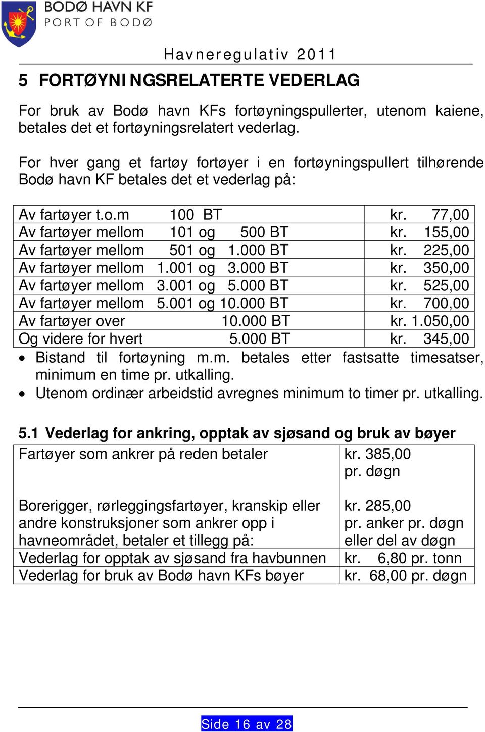 155,00 Av fartøyer mellom 501 og 1.000 BT kr. 225,00 Av fartøyer mellom 1.001 og 3.000 BT kr. 350,00 Av fartøyer mellom 3.001 og 5.000 BT kr. 525,00 Av fartøyer mellom 5.001 og 10.000 BT kr. 700,00 Av fartøyer over 10.