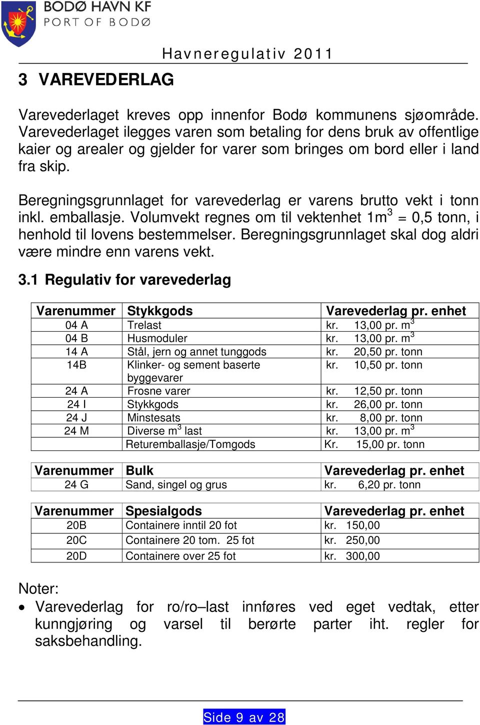 Beregningsgrunnlaget for varevederlag er varens brutto vekt i tonn inkl. emballasje. Volumvekt regnes om til vektenhet 1m 3 = 0,5 tonn, i henhold til lovens bestemmelser.