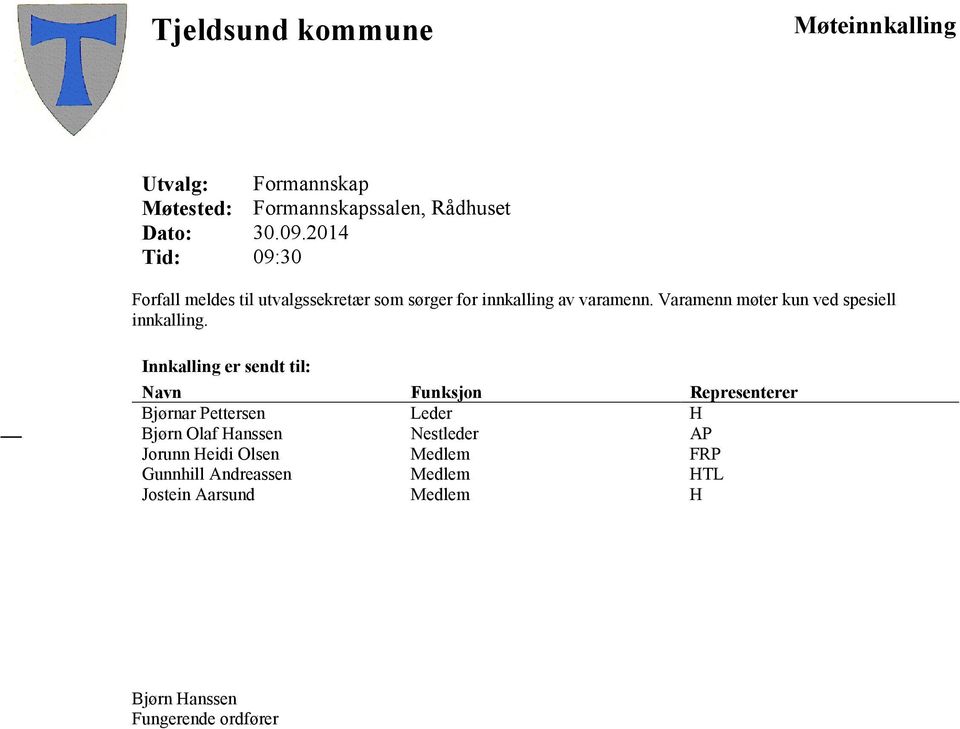 Varamenn møter kun ved spesiell innkalling.