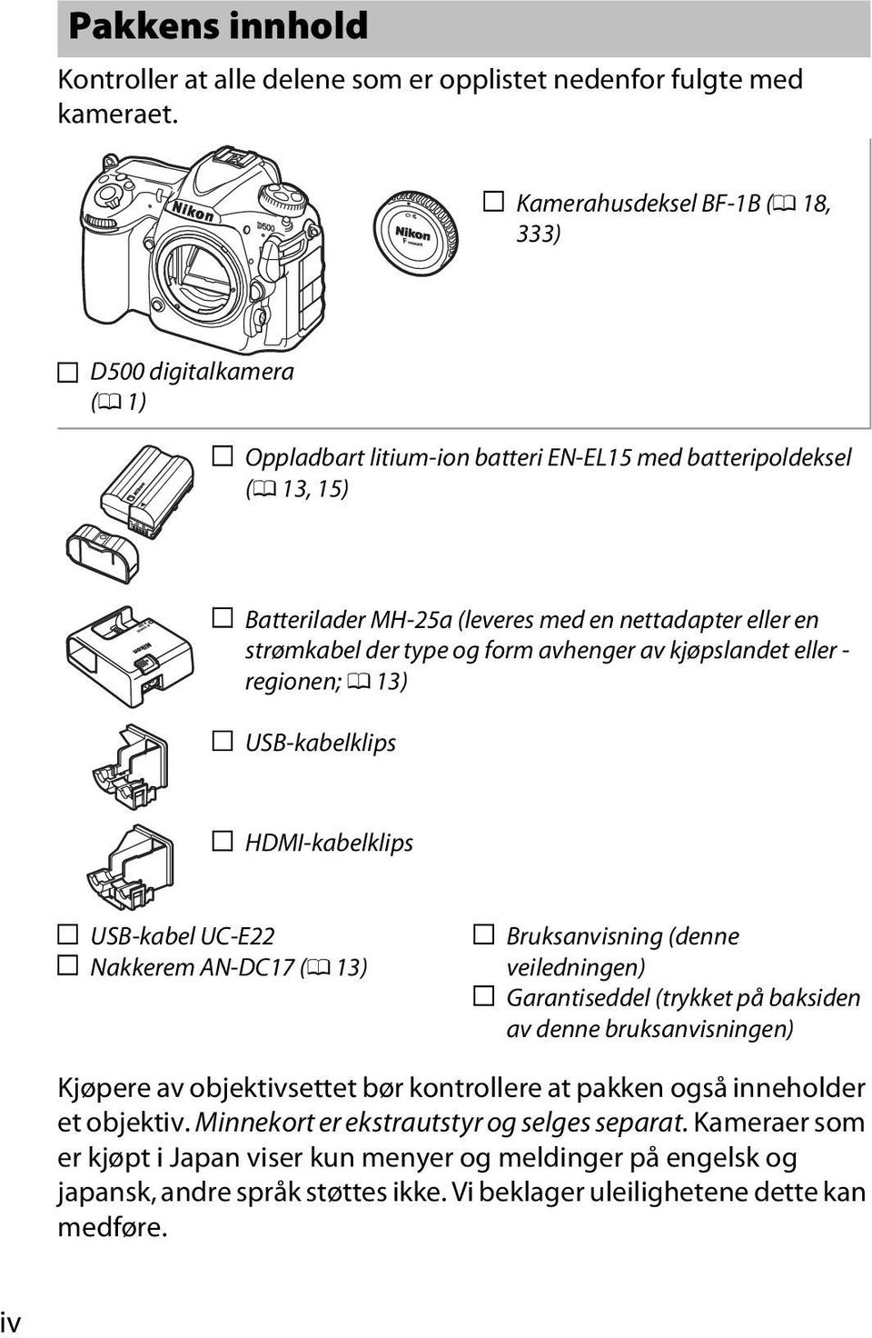 der type og form avhenger av kjøpslandet eller - regionen; 0 13) USB-kabelklips HDMI-kabelklips USB-kabel UC-E22 Nakkerem AN-DC17 (0 13) Bruksanvisning (denne veiledningen) Garantiseddel (trykket på