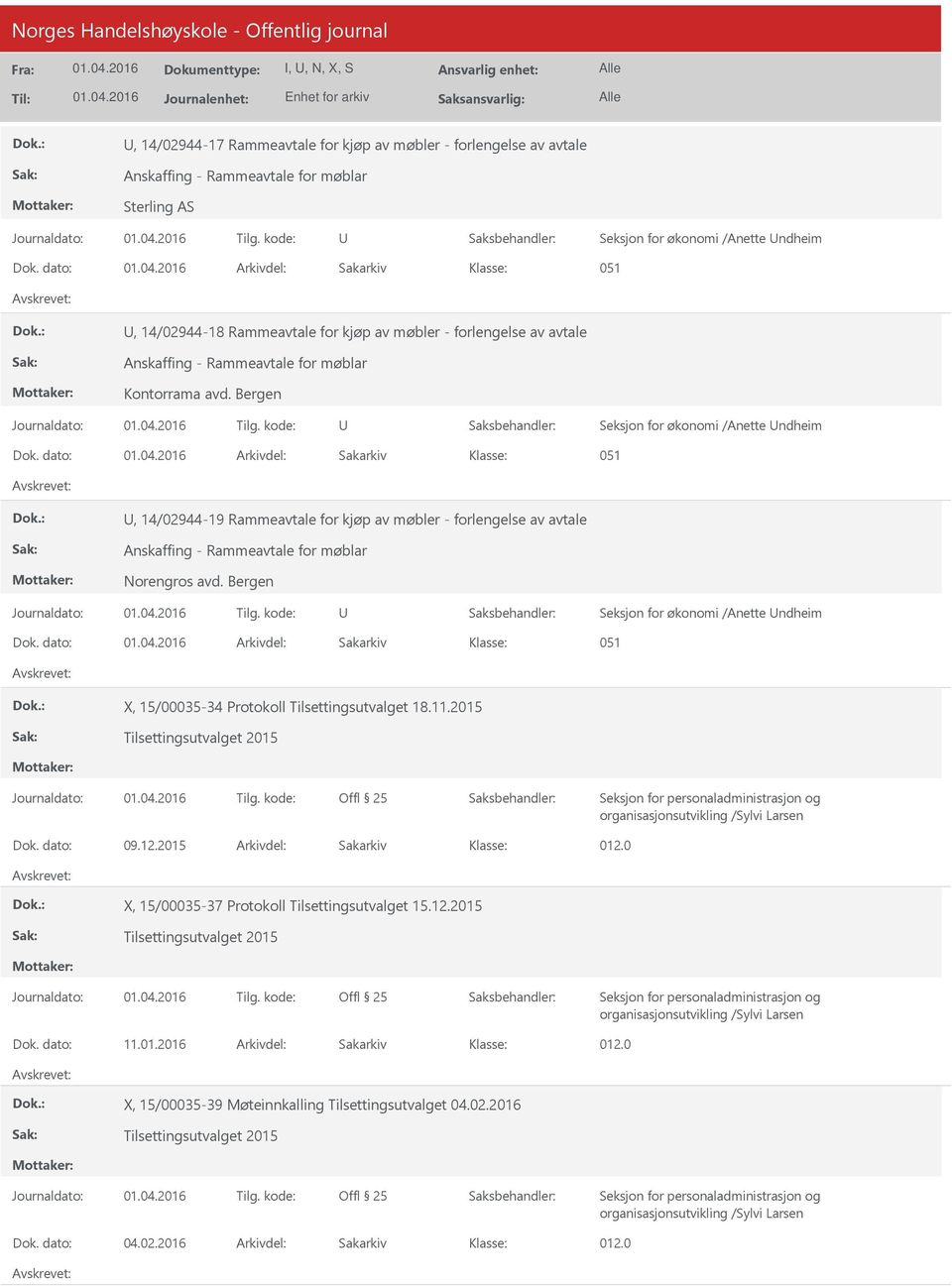 dato: Arkivdel: Sakarkiv, 14/02944-19 Rammeavtale for kjøp av møbler - forlengelse av avtale Norengros avd. Bergen Seksjon for økonomi /Anette ndheim Dok.