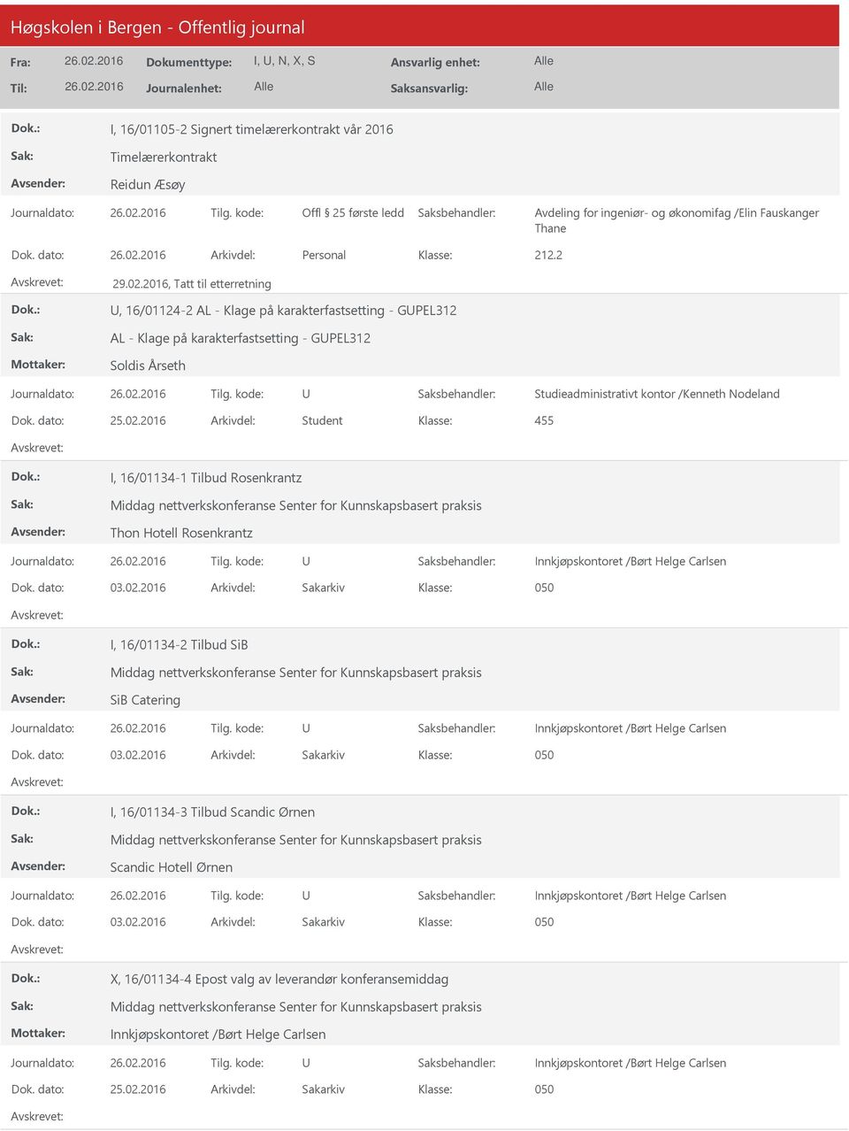 16/01134-1 Tilbud Rosenkrantz Middag nettverkskonferanse Senter for Kunnskapsbasert praksis Thon Hotell Rosenkrantz Innkjøpskontoret /Børt Helge Carlsen Dok. dato: 03.02.