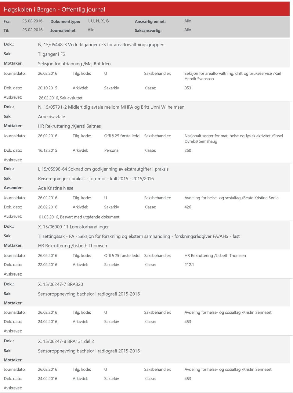 2015 Arkivdel: Sakarkiv 053, Sak avsluttet N, 15/05791-2 Midlertidig avtale mellom MHFA og Britt nni Wilhelmsen Arbeidsavtale HR Rekruttering /Kjersti Saltnes Nasjonalt senter for mat, helse og