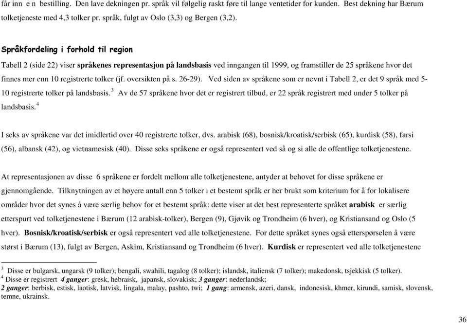 Språkfordeling i forhold til region Tabell 2 (side 22) viser språkenes representasjon på landsbasis ved inngangen til 1999, og framstiller de 25 språkene hvor det finnes mer enn 10 registrerte tolker