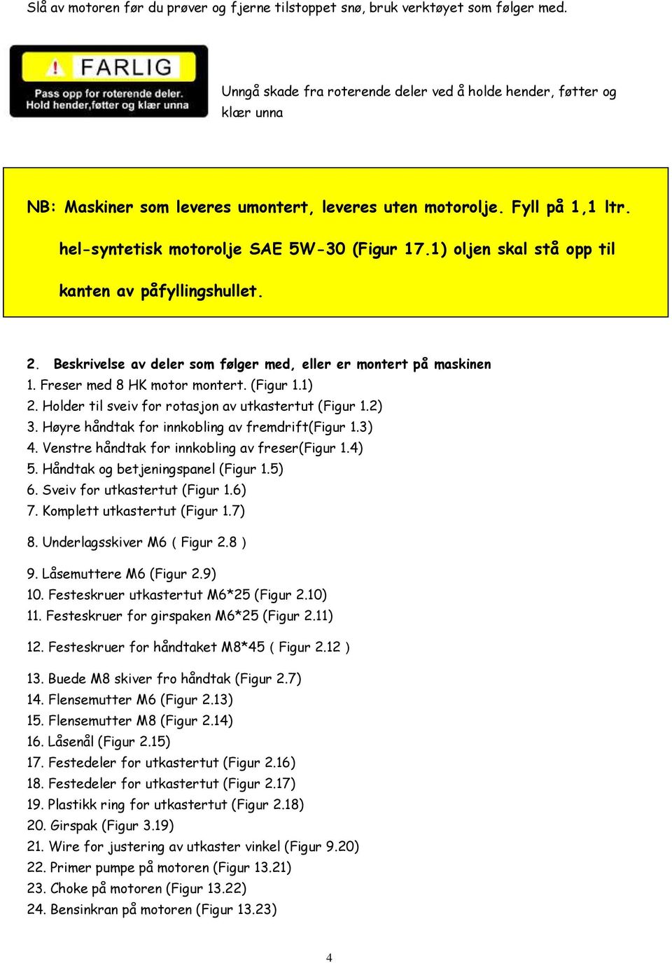 1) oljen skal stå opp til kanten av påfyllingshullet. 2. Beskrivelse av deler som følger med, eller er montert på maskinen 1. Freser med 8 HK motor montert. (Figur 1.1) 2.