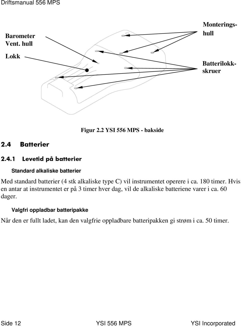 1 Levetid på batterier Standard alkaliske batterier Med standard batterier (4 stk alkaliske type C) vil instrumentet operere i ca.