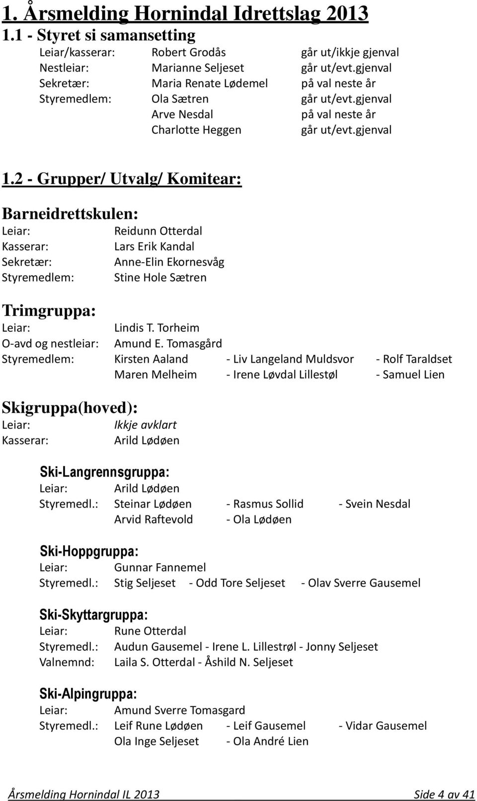 2 - Grupper/ Utvalg/ Komitear: Barneidrettskulen: Leiar: Kasserar: Sekretær: Styremedlem: Trimgruppa: Reidunn Otterdal Lars Erik Kandal Anne-Elin Ekornesvåg Stine Hole Sætren Leiar: Lindis T.