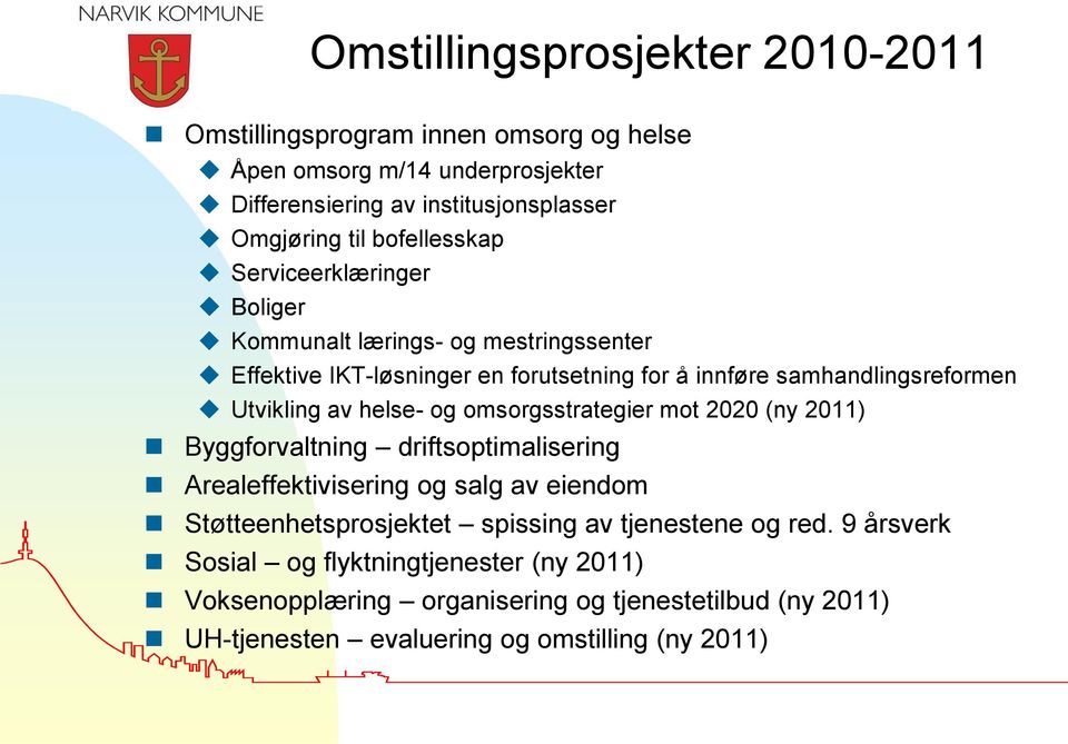 av helse- og omsorgsstrategier mot 2020 (ny 2011) Byggforvaltning driftsoptimalisering Arealeffektivisering og salg av eiendom Støtteenhetsprosjektet spissing av