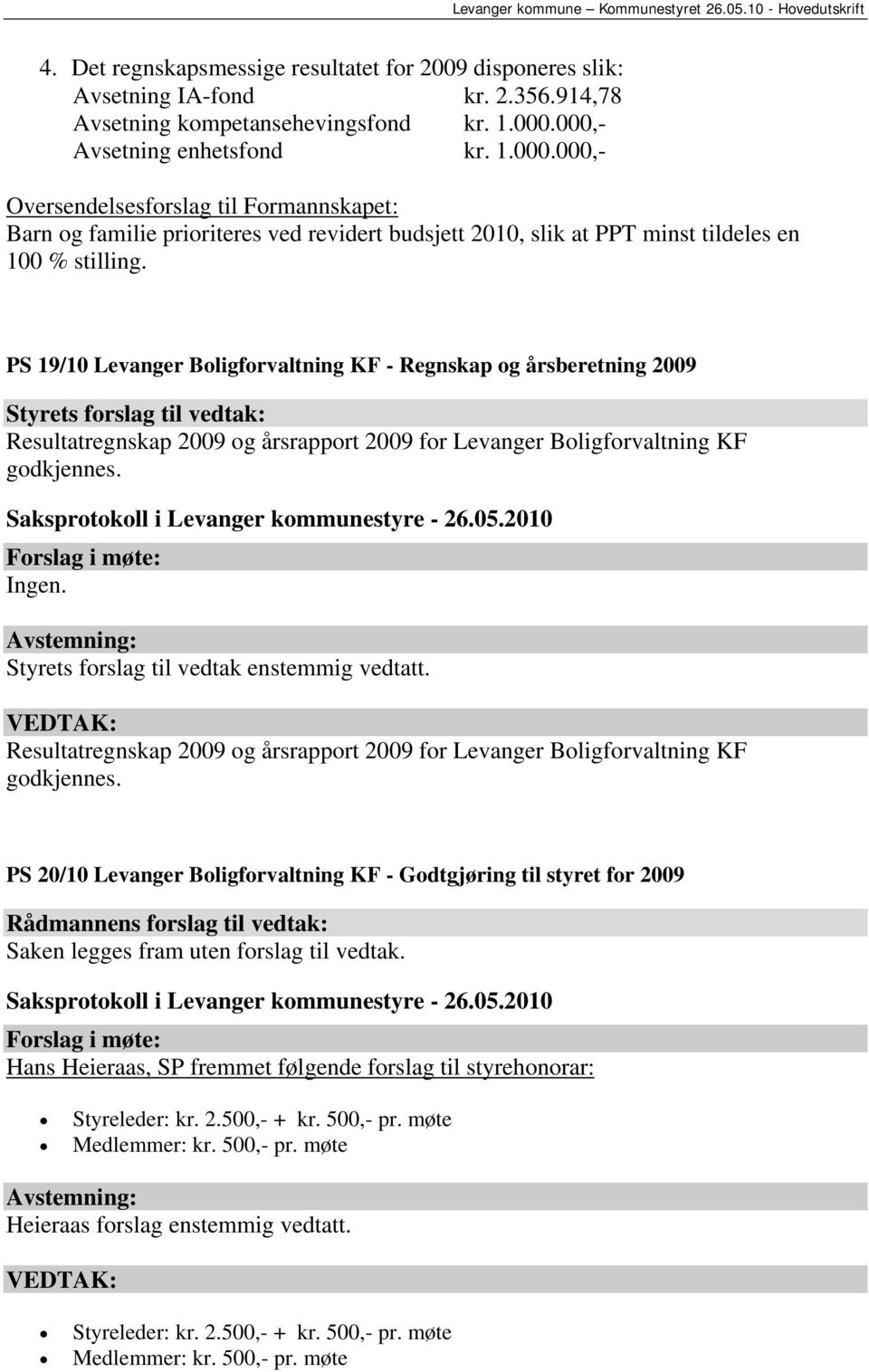 PS 19/10 Levanger Boligforvaltning KF - Regnskap og årsberetning 2009 Styrets forslag til vedtak: Resultatregnskap 2009 og årsrapport 2009 for Levanger Boligforvaltning KF godkjennes.