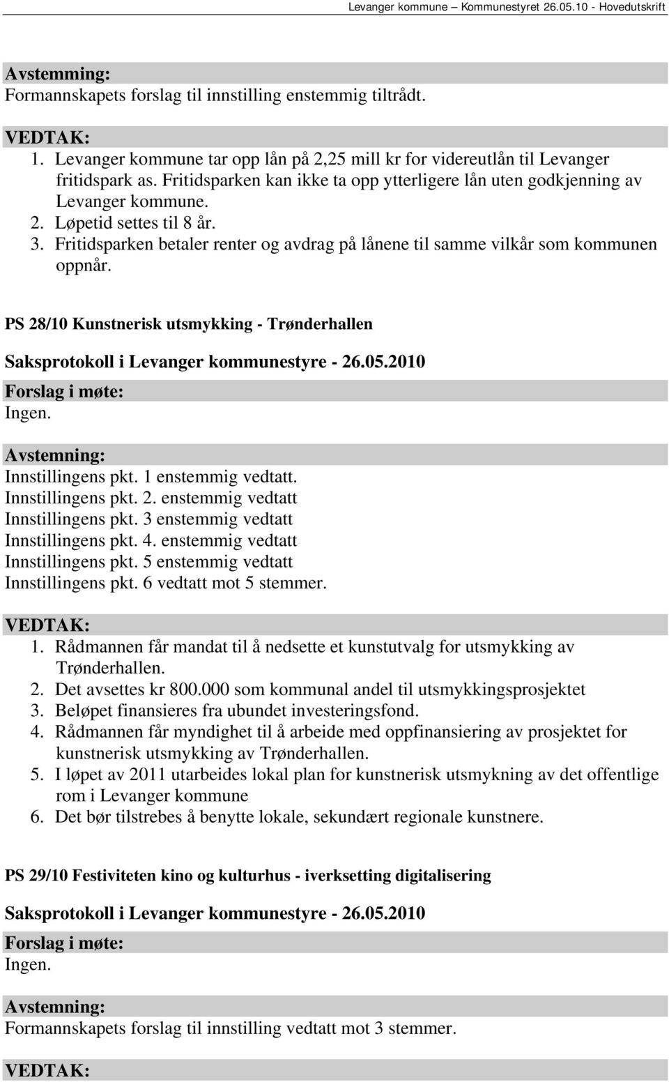 Fritidsparken betaler renter og avdrag på lånene til samme vilkår som kommunen oppnår. PS 28/10 Kunstnerisk utsmykking - Trønderhallen Innstillingens pkt. 1 enstemmig vedtatt. Innstillingens pkt. 2. enstemmig vedtatt Innstillingens pkt.