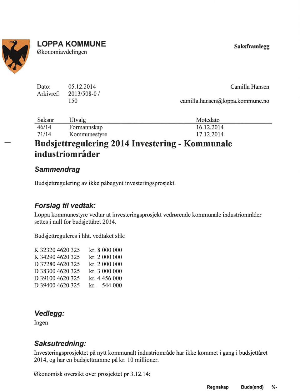 Forslag til vedtak: Loppa kommunestyre vedtar at investeringsprosjekt vedrørende kommunale industriområder settes i null for budsjettåret214. Budsjettreguleres i hht.