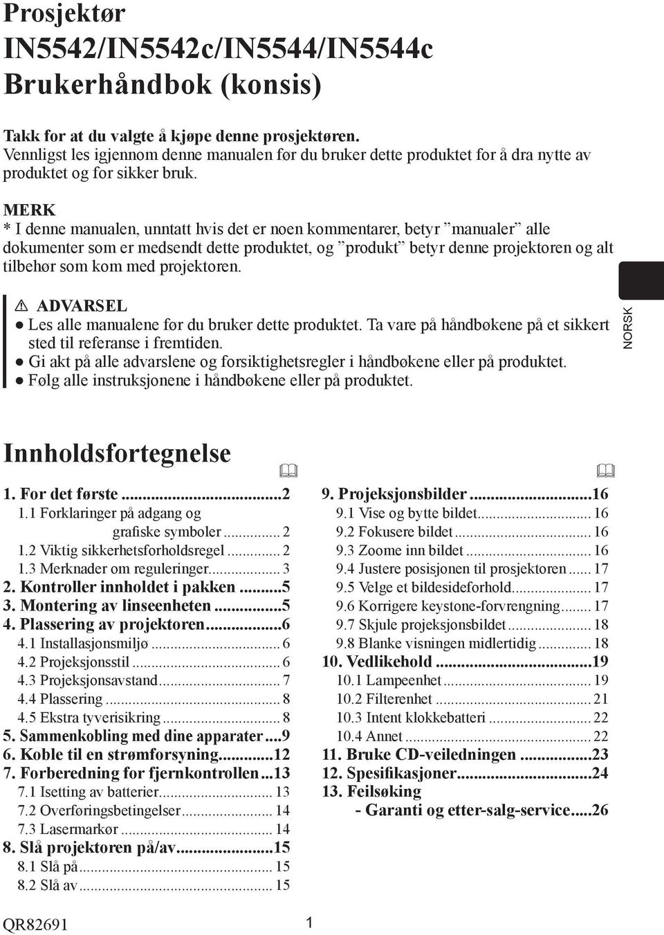 * I denne manualen, unntatt hvis det er noen kommentarer, betyr manualer alle dokumenter som er medsendt dette produktet, og produkt betyr denne projektoren og alt tilbehør som kom med projektoren.