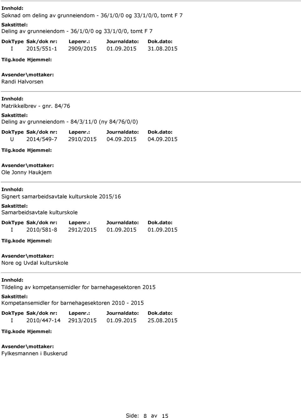 84/76 Deling av grunneiendom - 84/3/11/0 (ny 84/76/0/0) 2014/549-7 2910/2015 Ole Jonny Haukjem Signert samarbeidsavtale kulturskole 2015/16