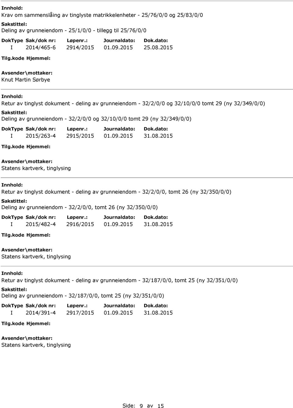 2015/263-4 2915/2015 Statens kartverk, tinglysing Retur av tinglyst dokument - deling av grunneiendom - 32/2/0/0, tomt 26 (ny 32/350/0/0) Deling av grunneiendom - 32/2/0/0, tomt 26 (ny 32/350/0/0)