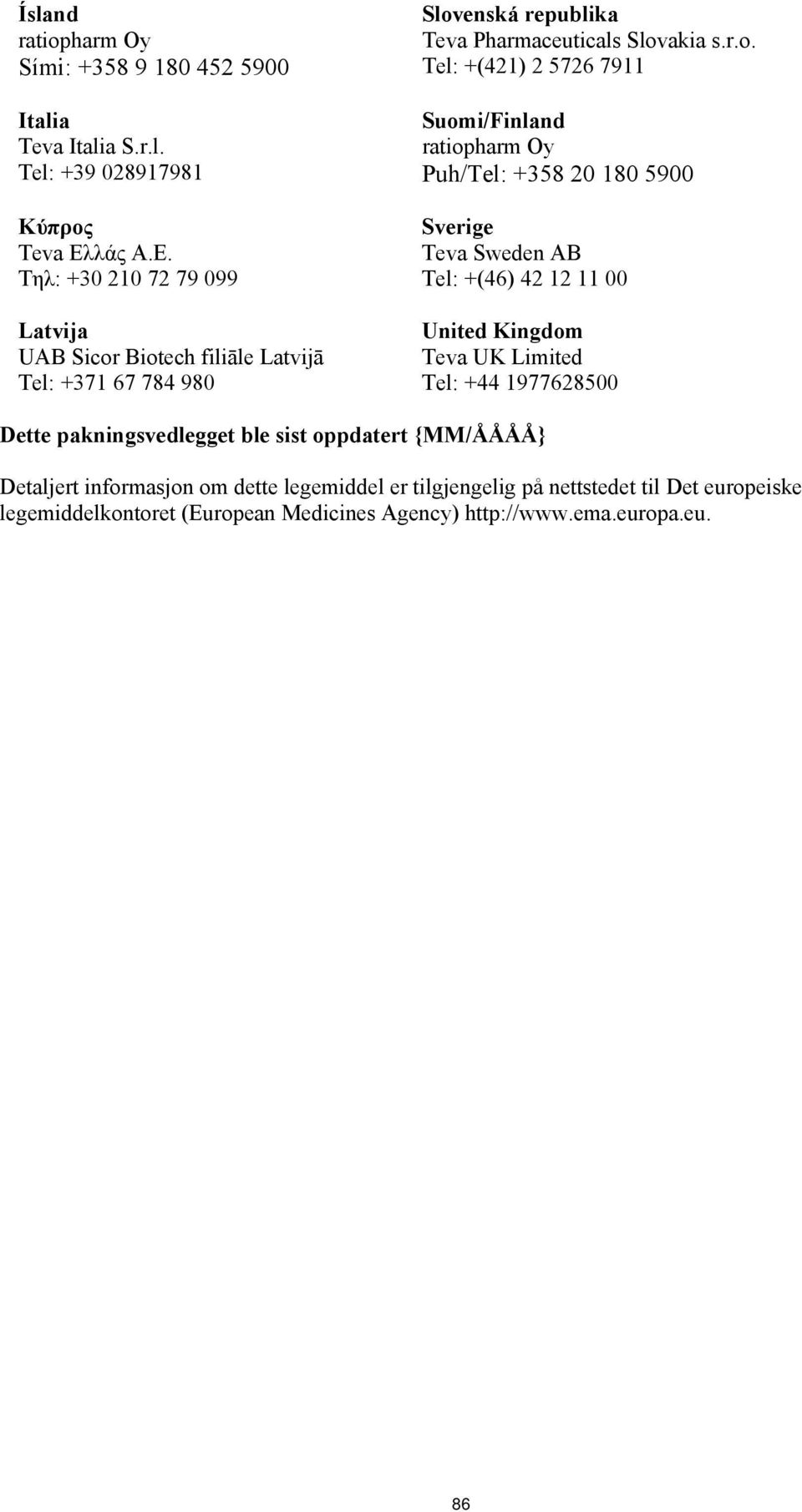 Biotech filiāle Latvijā Tel: +371 67 784 980 Slovenská republika Teva Pharmaceuticals Slovakia s.r.o. Tel: +(421) 2 5726 7911 Suomi/Finland ratiopharm Oy Puh/Tel: