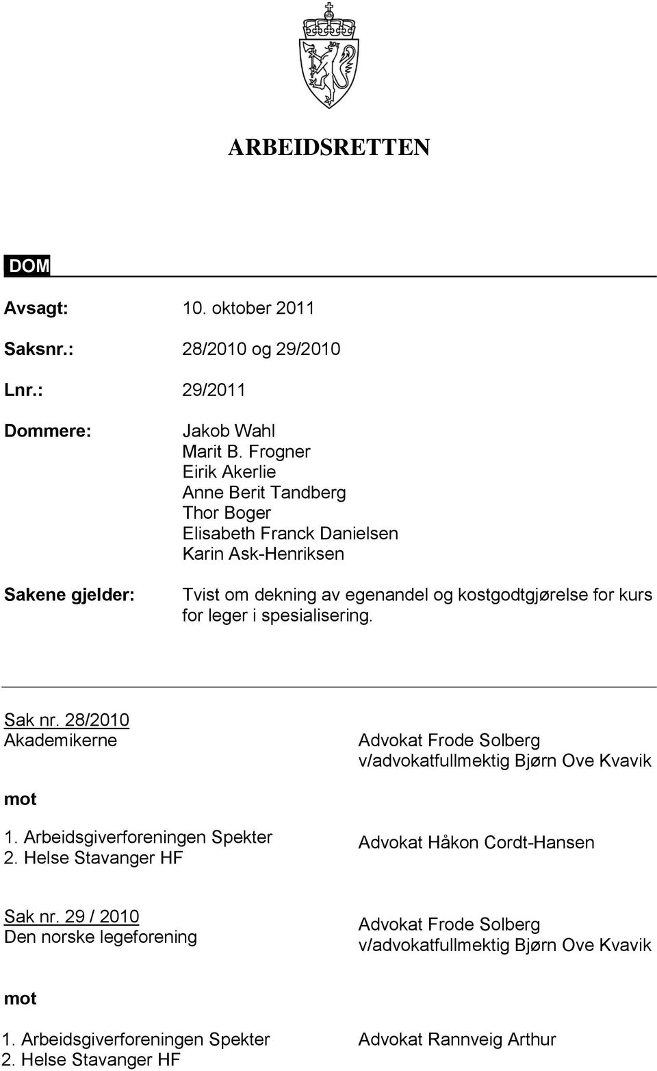 i spesialisering. Sak nr. 28/2010 Akademikerne Advokat Frode Solberg v/advokatfullmektig Bjørn Ove Kvavik mot 1. Arbeidsgiverforeningen Spekter 2.