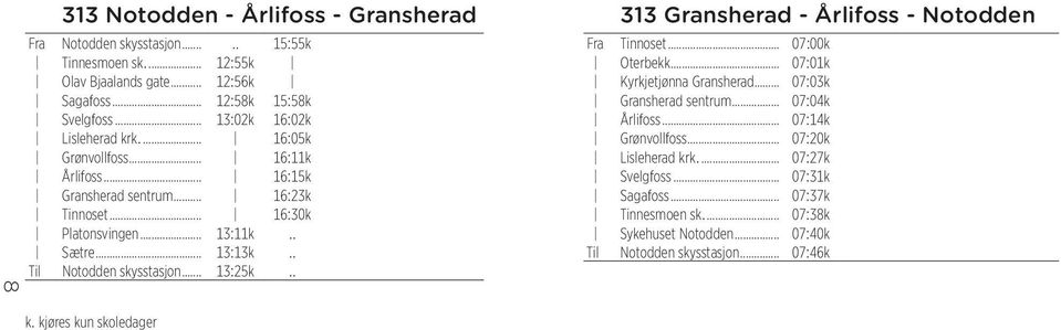 .. 13:13k Til Notodden skysstasjon... 13:25k 313 Gransherad - Årlifoss - Notodden Fra Tinnoset... 07:00k Oterbekk... 07:01k Kyrkjetjønna Gransherad... 07:03k Gransherad sentrum.