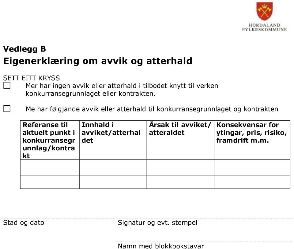 Me har følgjande avvik eller atterhald til konkurransegrunnlaget og kontrakten Referanse til aktuelt punkt i