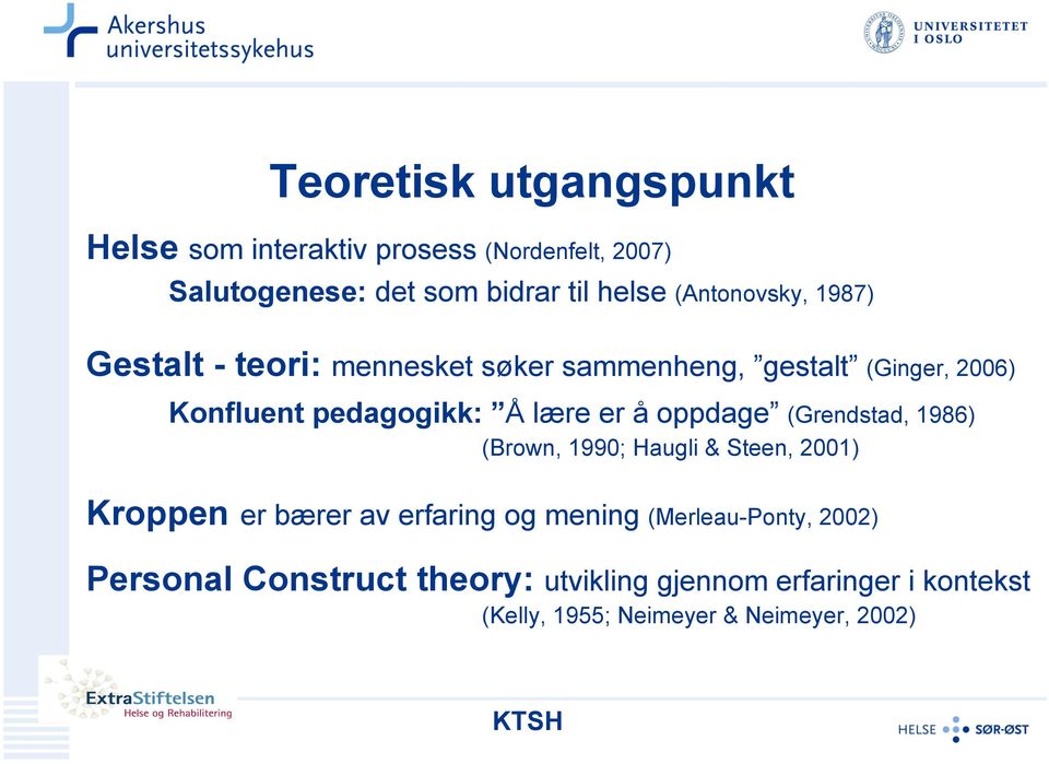 er å oppdage (Grendstad, 1986) (Brown, 1990; Haugli & Steen, 2001) Kroppen er bærer av erfaring og mening