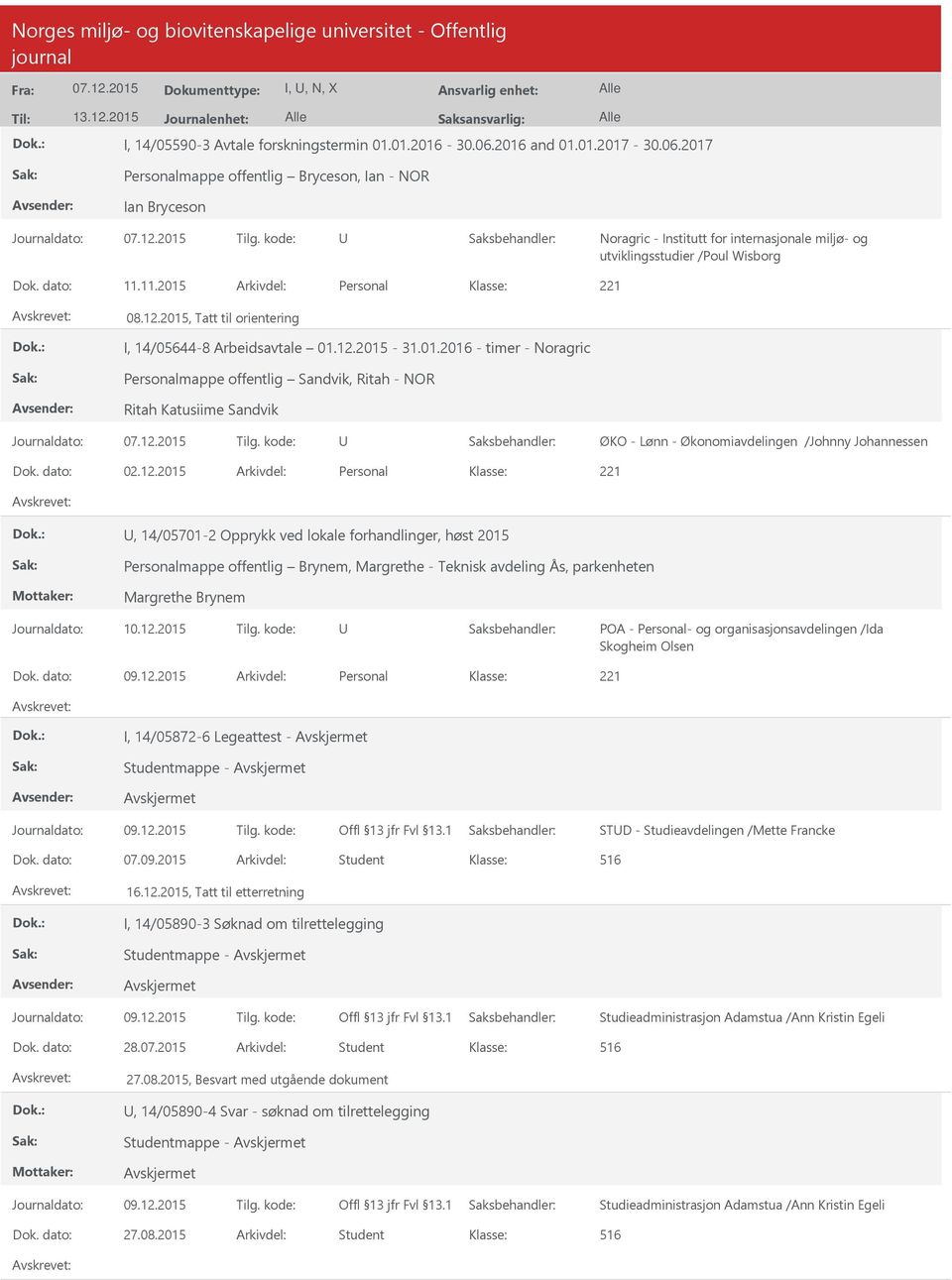 01.2016 - timer - Noragric Personalmappe offentlig Sandvik, Ritah - NOR Ritah Katusiime Sandvik Journaldato: Tilg. kode: Dok. dato: 02.12.