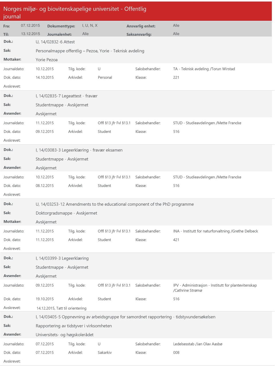 2015 Arkivdel: Student I, 14/03083-3 Legeerklæring - fravær eksamen Studentmappe - STD - Studieavdelingen /Mette Francke Dok. dato: 08.12.