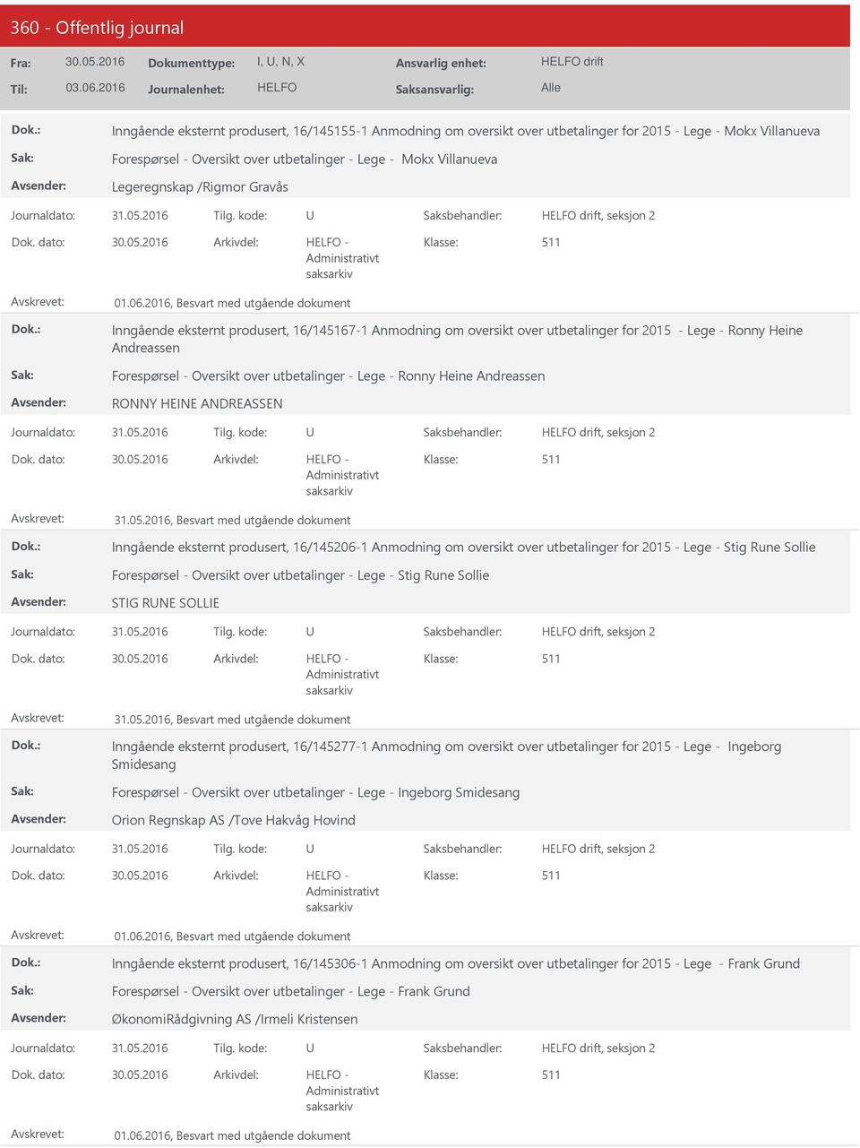 dato: Arkivdel: - Inngående eksternt produsert, 16/1467-1 Anmodning om oversikt over utbetalinger for 2015 - Lege - Ronny Heine Andreassen Forespørsel - Oversikt over utbetalinger - Lege - Ronny