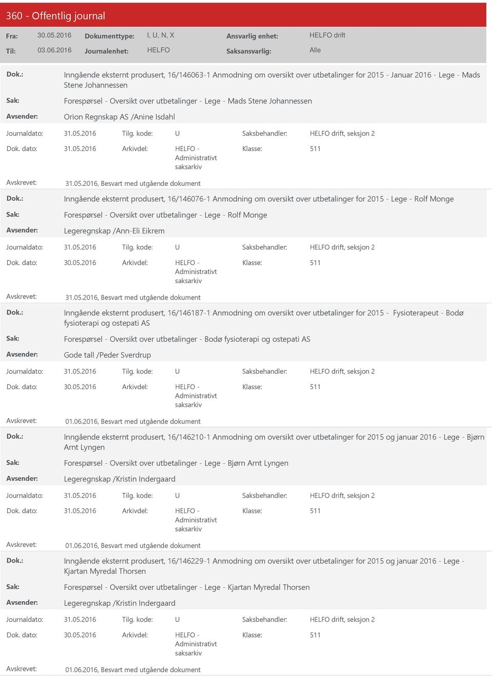 2016 Arkivdel: - Inngående eksternt produsert, 16/146076-1 Anmodning om oversikt over utbetalinger for 2015 - Lege - Rolf Monge Forespørsel - Oversikt over utbetalinger - Lege - Rolf Monge