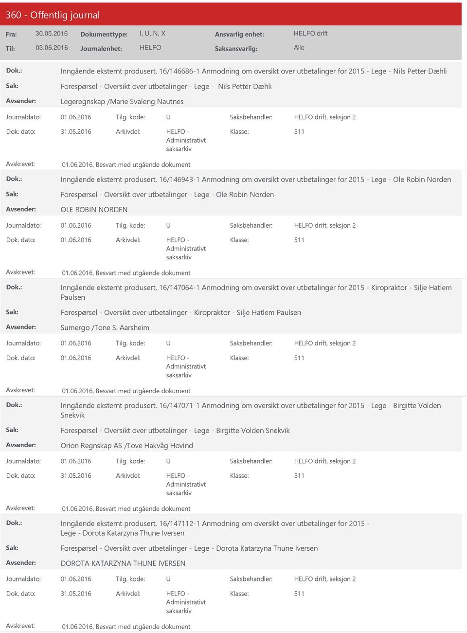 2016 Arkivdel: - Inngående eksternt produsert, 16/146943-1 Anmodning om oversikt over utbetalinger for 2015 - Lege - Ole Robin Norden Forespørsel - Oversikt over utbetalinger - Lege - Ole Robin