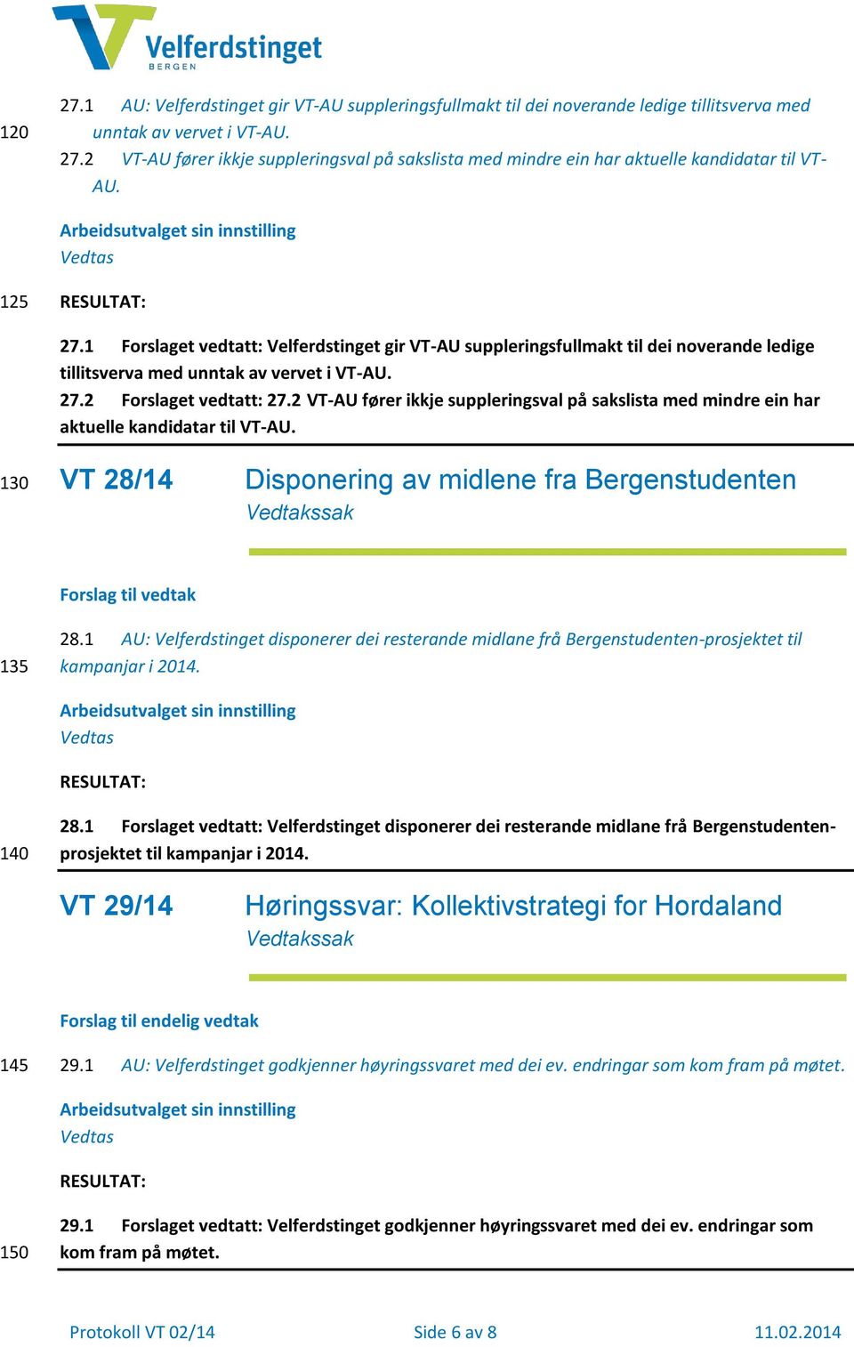 2 VT-AU fører ikkje suppleringsval på sakslista med mindre ein har aktuelle kandidatar til VT-AU. 130 VT 28/14 Disponering av midlene fra Bergenstudenten Vedtakssak Forslag til vedtak 135 28.