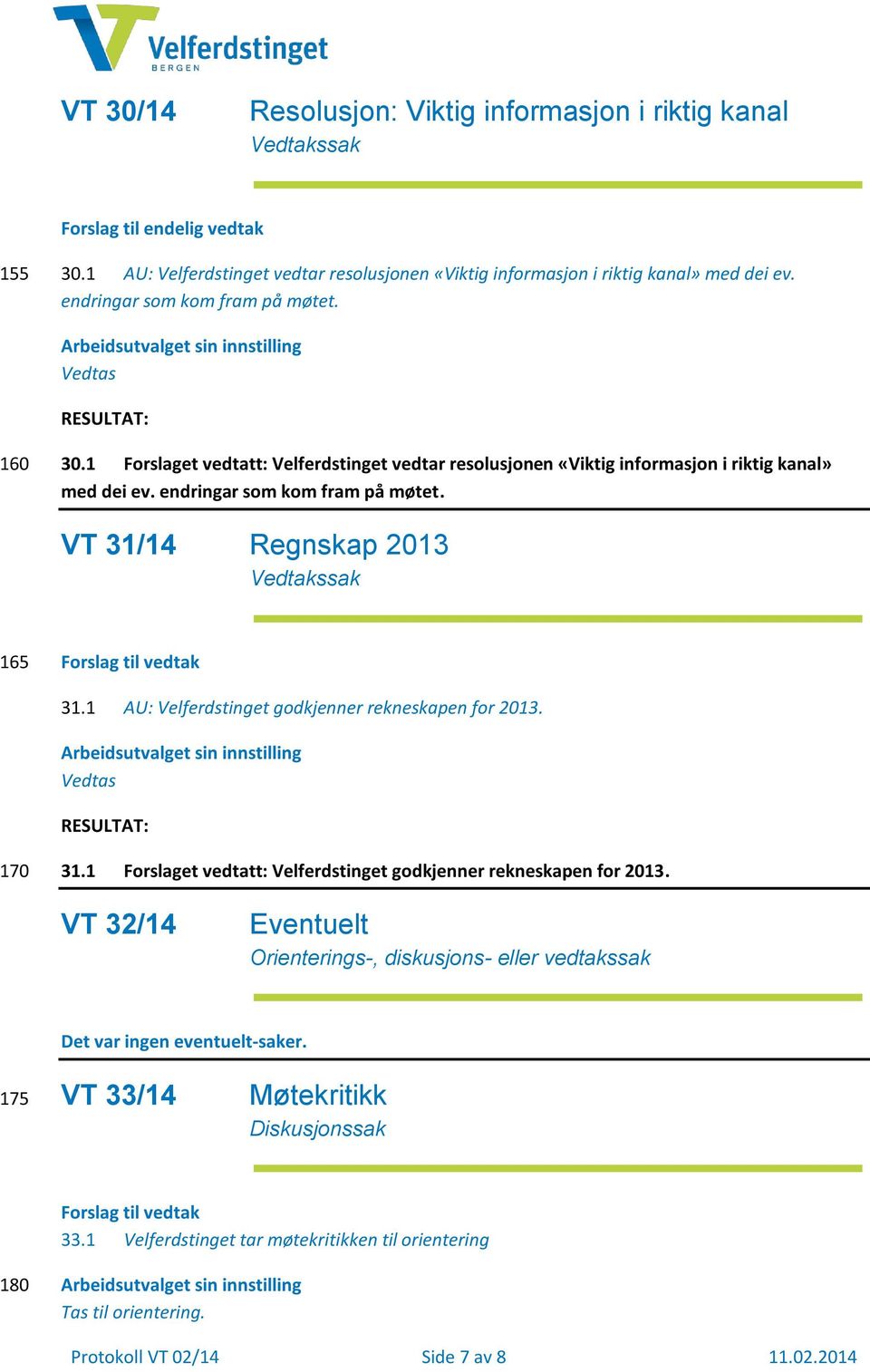endringar som kom fram på møtet. VT 31/14 Regnskap 2013 Vedtakssak 165 Forslag til vedtak 31.1 AU: Velferdstinget godkjenner rekneskapen for 2013.