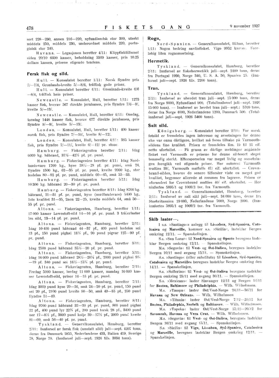 - Konsulatet beretter /: Norsk flyndre pri" 7/-7/6, Grønlands-kveite 5/-S/6, trålfisk gode priser. H u l. - Konsulatet beretter 4/: Grønlands-kveite 6/6 -S/6, tråhrsk høie priser. Newe as te.