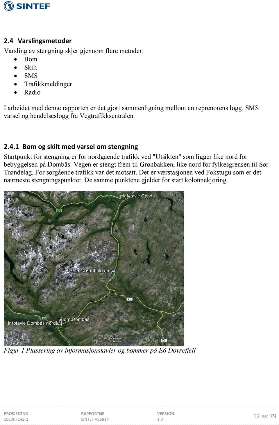 1 Bom og skilt med varsel om stengning Startpunkt for stengning er for nordgående trafikk ved "Utsikten" som ligger like nord for bebyggelsen på Dombås.