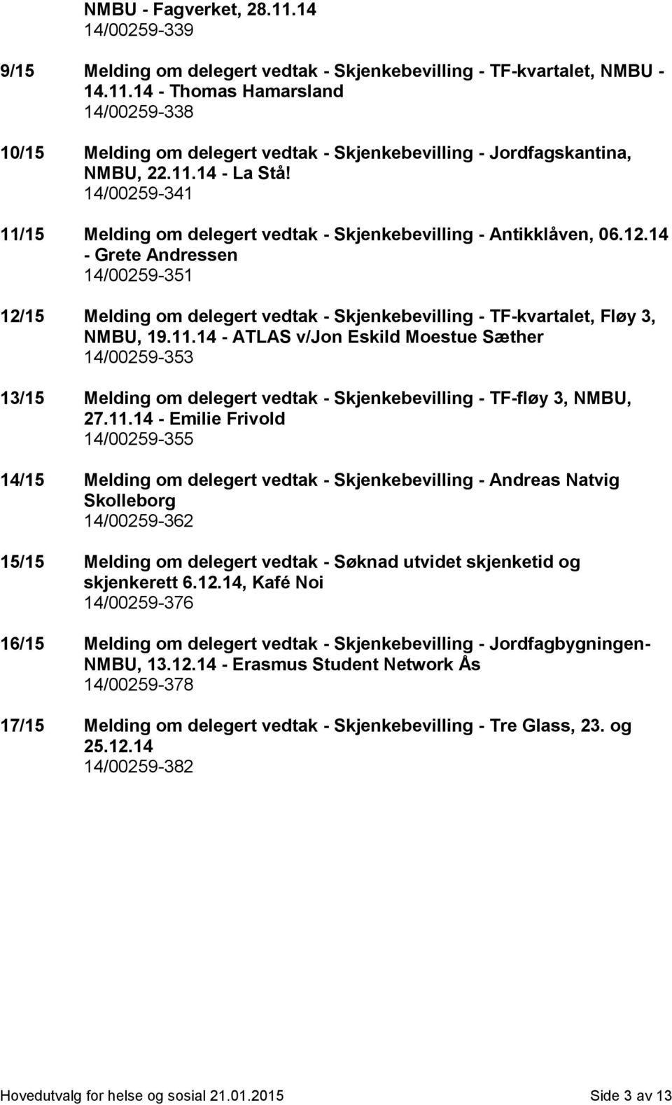 14 - Grete Andressen 14/00259-351 12/15 Melding om delegert vedtak - Skjenkebevilling - TF-kvartalet, Fløy 3, NMBU, 19.11.