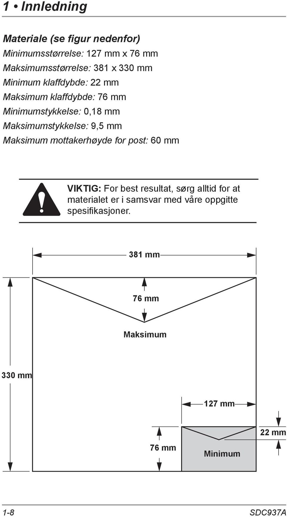 9,5 mm Maksimum mottakerhøyde for post: 60 mm VIKTIG: For best resultat, sørg alltid for at materialet