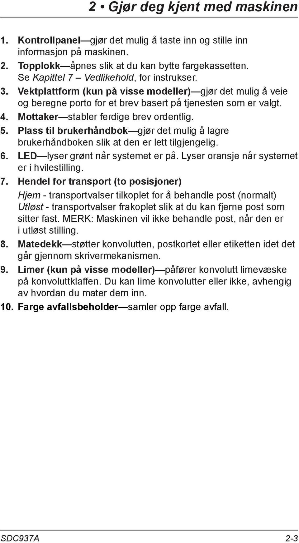 Mottaker stabler ferdige brev ordentlig. 5. Plass til brukerhåndbok gjør det mulig å lagre brukerhåndboken slik at den er lett tilgjengelig. 6. LED lyser grønt når systemet er på.