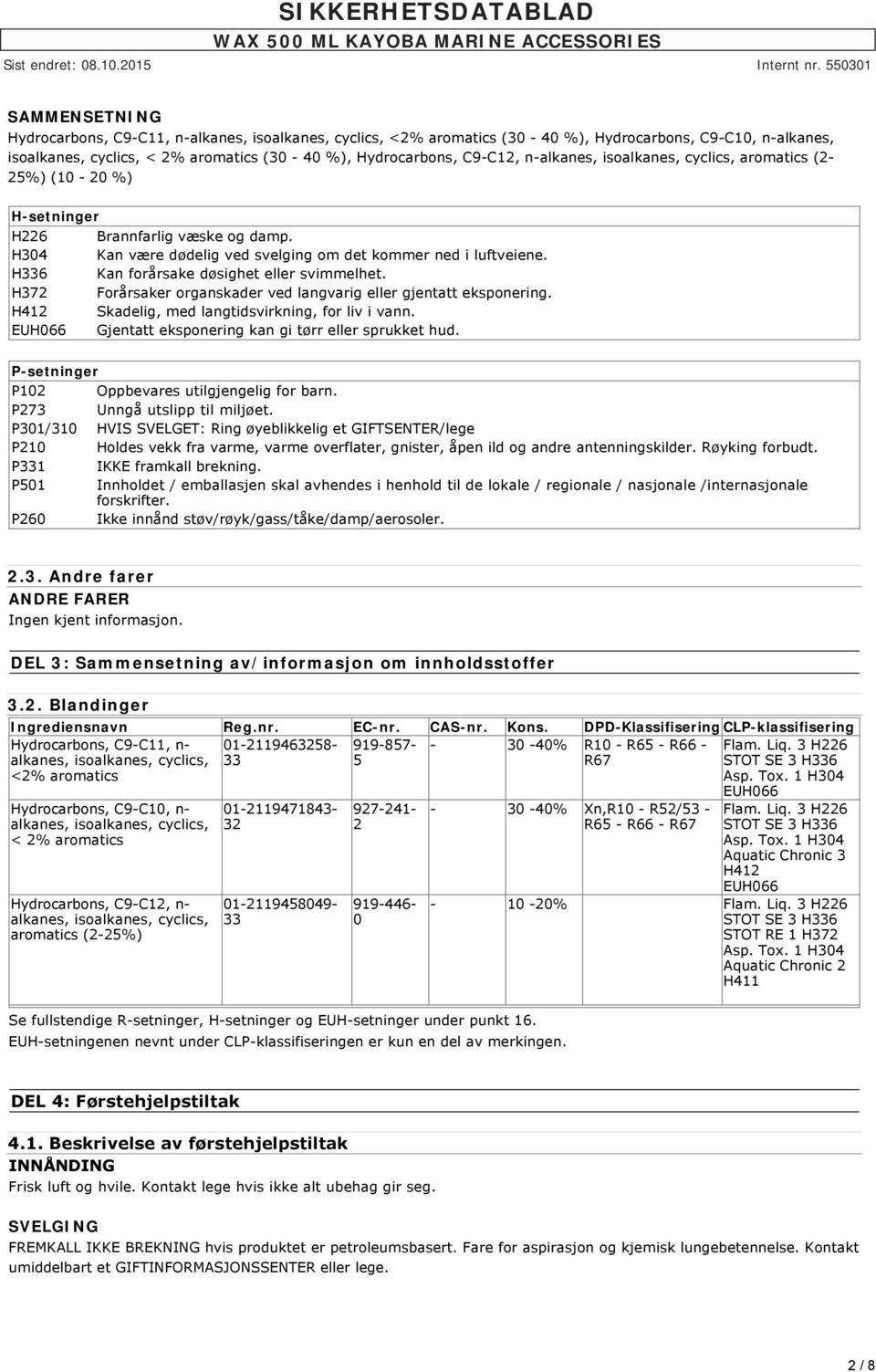 H336 Kan forårsake døsighet eller svimmelhet. H372 Forårsaker organskader ved langvarig eller gjentatt eksponering. H412 Skadelig, med langtidsvirkning, for liv i vann.