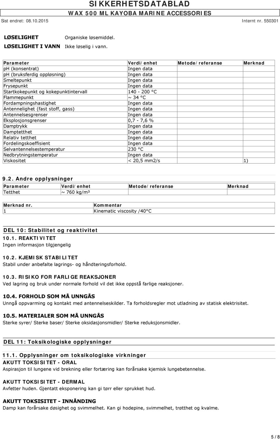 Fordampningshastighet Antennelighet (fast stoff, gass) Antennelsesgrenser Eksplosjonsgrenser 0,7-7,6 % Damptrykk Damptetthet Relativ tetthet Fordelingskoeffisient Selvantennelsestemperatur 230 C