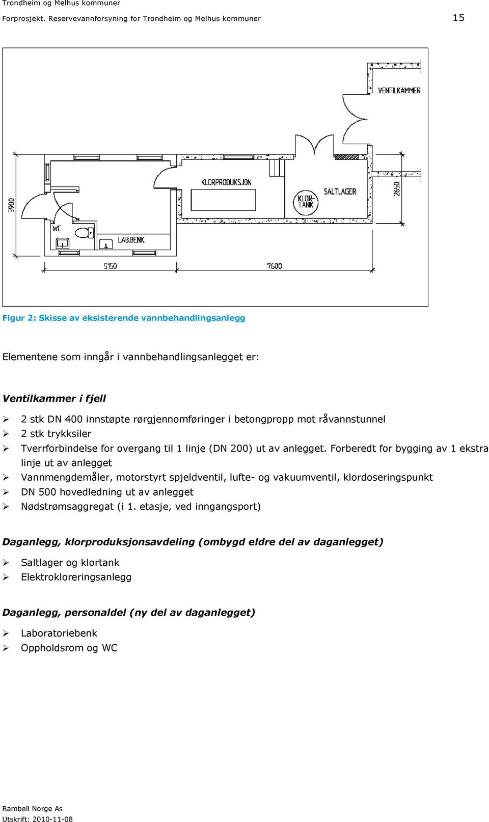 400 innstøpte rørgjennomføringer i betongpropp mot råvannstunnel 2 stk trykksiler Tverrforbindelse for overgang til 1 linje (DN 200) ut av anlegget.