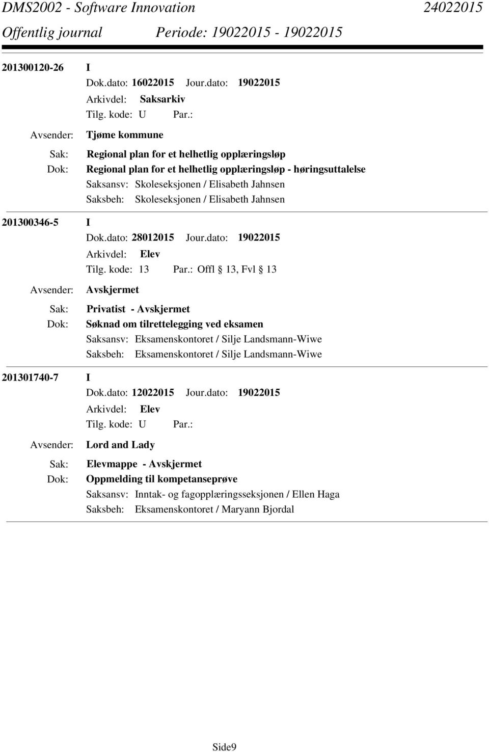 Saksansv: Skoleseksjonen / Elisabeth Jahnsen Saksbeh: Skoleseksjonen / Elisabeth Jahnsen 201300346-5 I Dok.dato: 28012015 Jour.