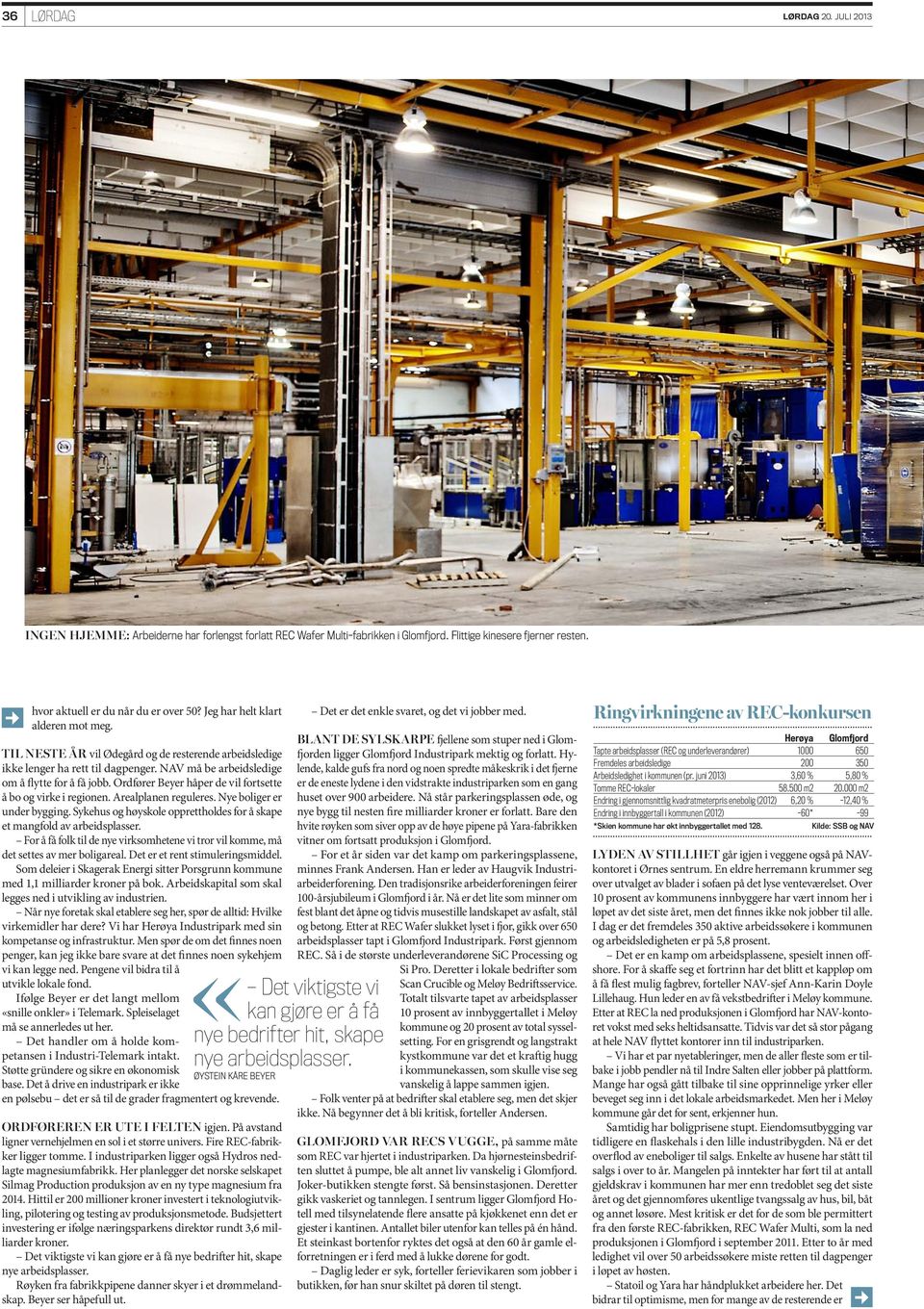Ringvirkningene av REC-konkursen BLANT DE SYLSKARPE fjellene som stuper ned i Glomfjorden Herøya Glomfjord ligger Glomfjord Industripark mektig og forlatt.